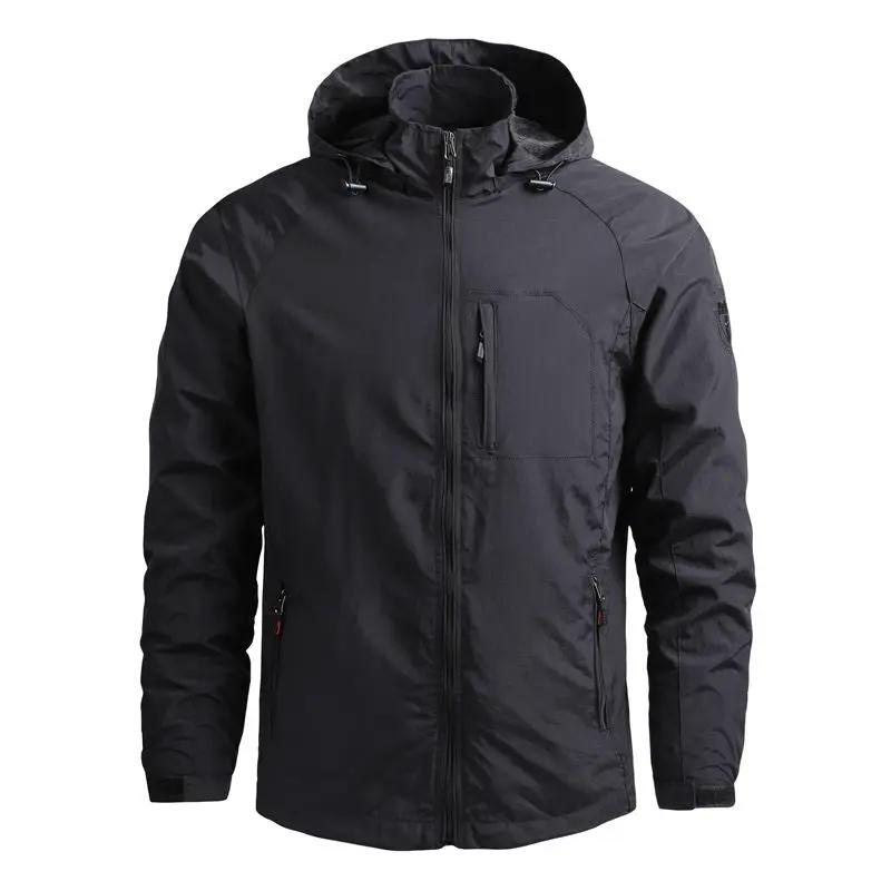 Men's black hooded waterproof jacket with chest pocket and zip side pockets