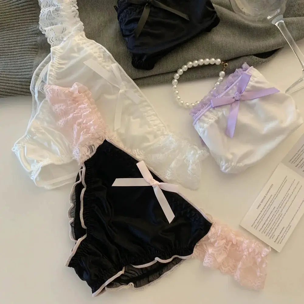 Women's satin lace panties set; white, black, and lavender with lace trim and bows (3 pairs)