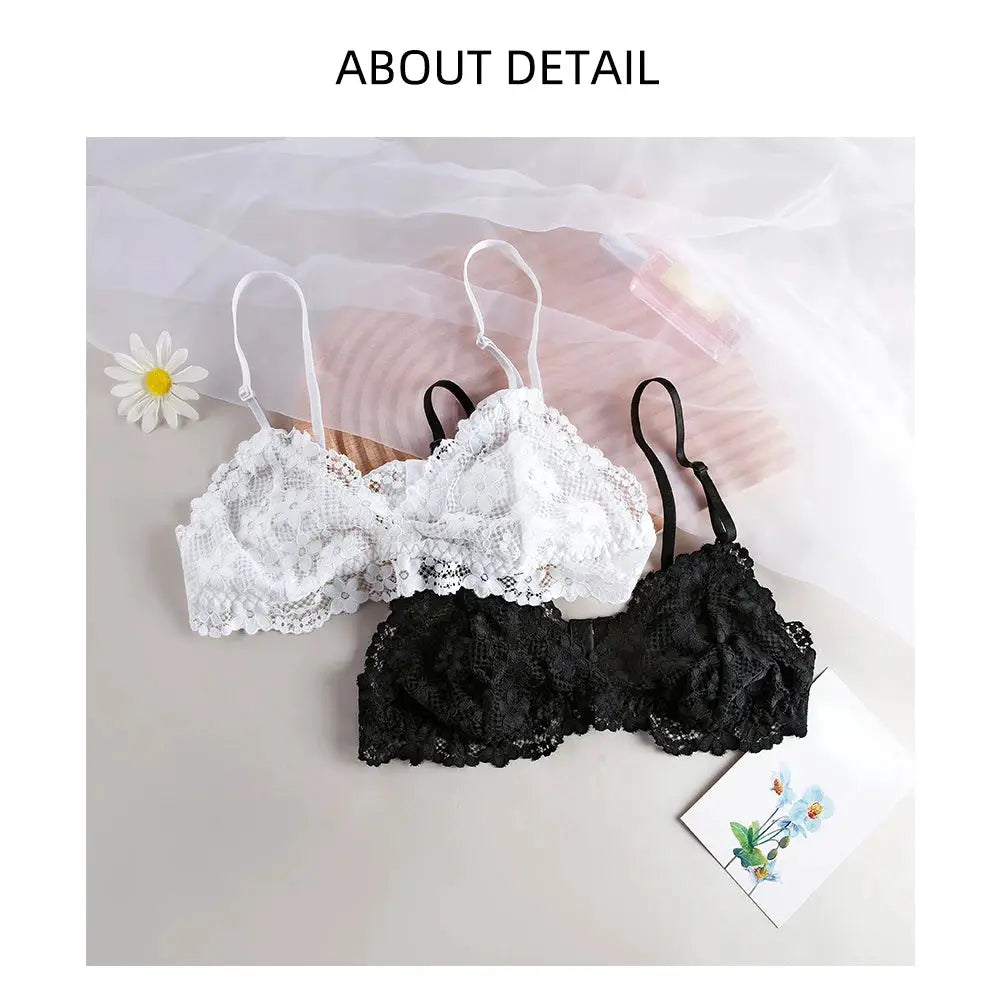 Two-piece lace bralette set in white and black with floral lace for women