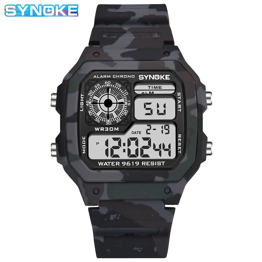 SYNOKE outdoor military digital watch for men with camo strap and dual digital display, water-resistant