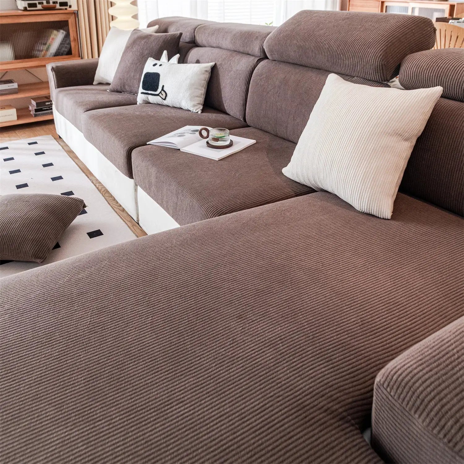 Simples Market sofa seat cushion cover; brown striped jacquard, stretch fabric, removable and washable