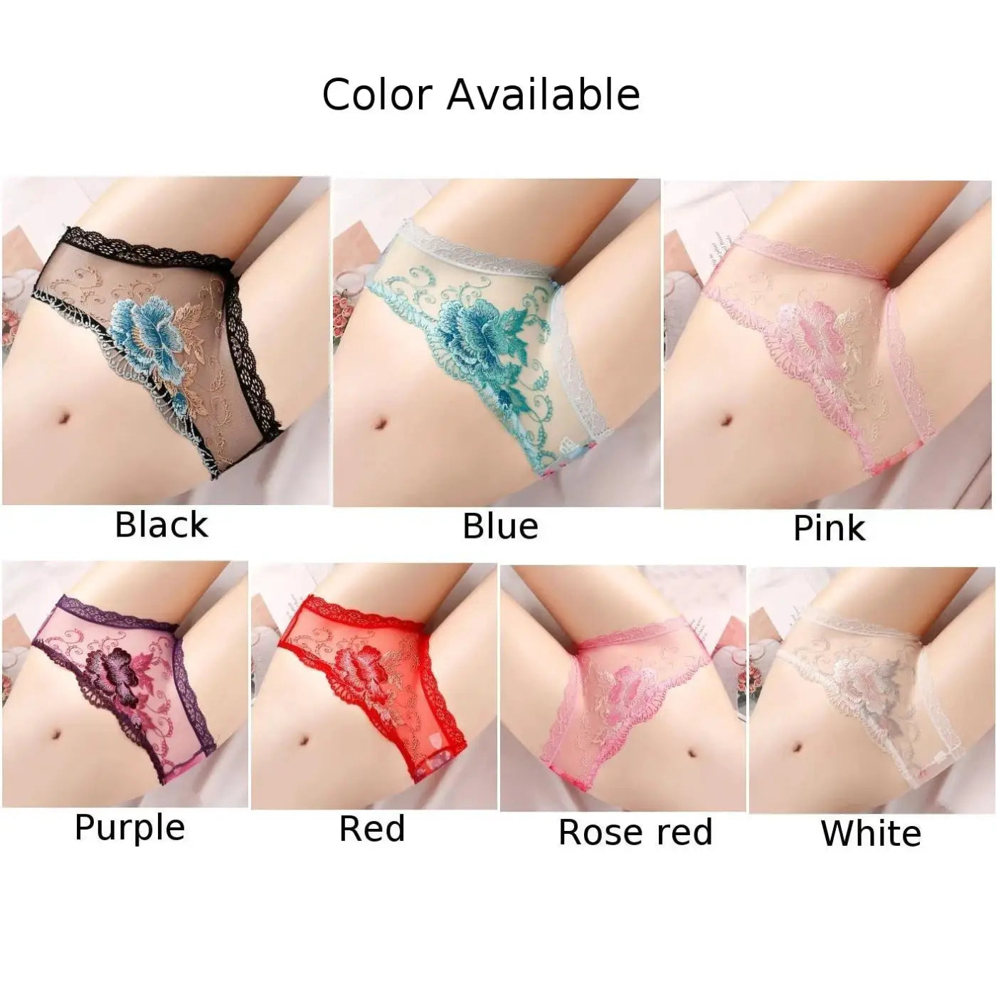 Lace nylon briefs by Simples Market in 7 colors: Black, Blue, Pink, Purple, Red, Rose red, White