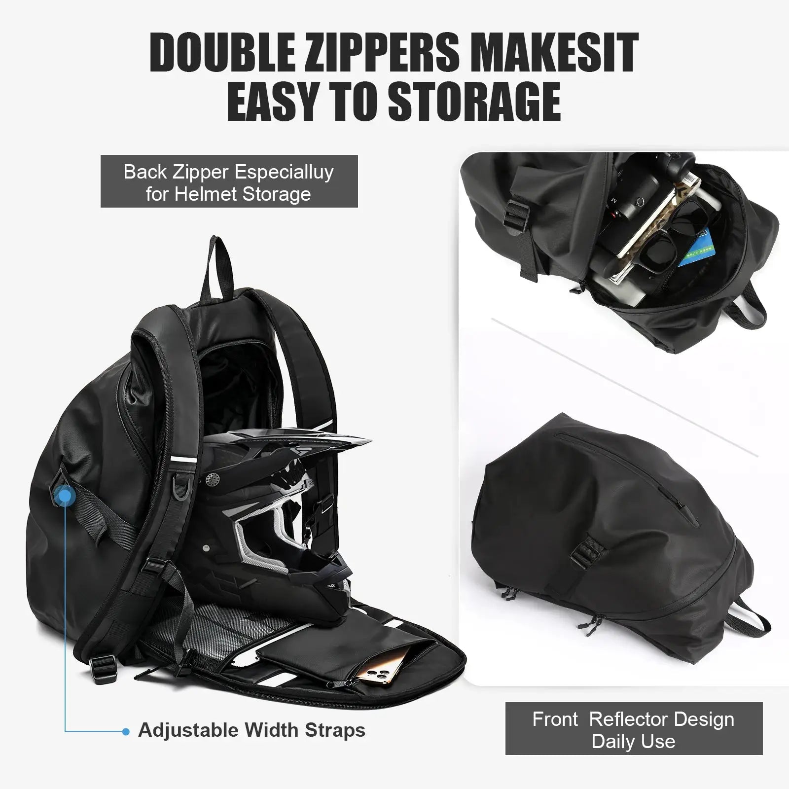 Motorcycle backpack 40L waterproof with helmet storage and front reflective strip