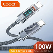 Two Toocki Type-C to Type-C 100W PD USB-C cables with transparent display and braided metal sheath