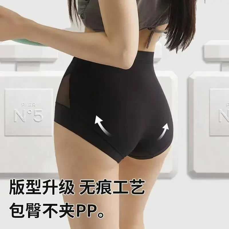 Simples Market high-waisted seamless shaping panties in black ice silk, breathable tummy-control briefs.