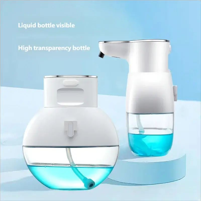 Homefish automatic soap dispenser; white, wall-mounted unit with clear blue liquid reservoir (two units shown)