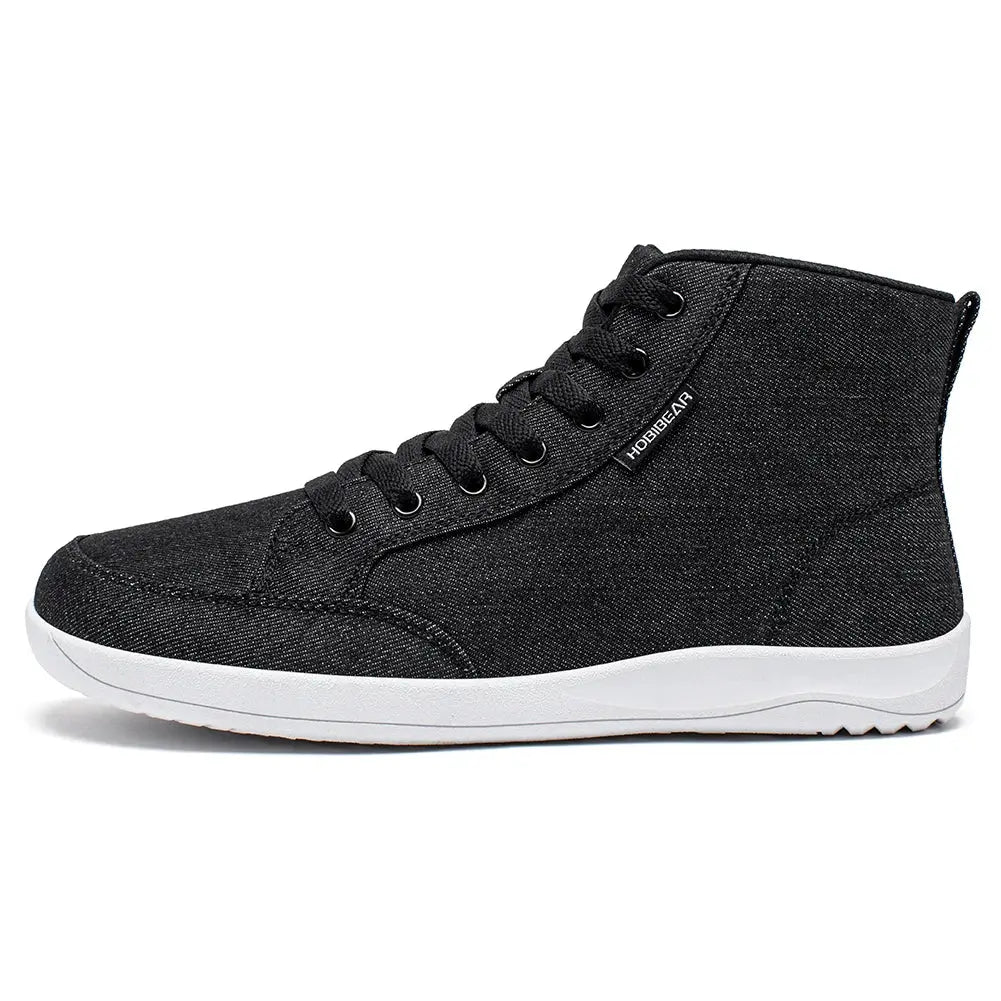 HOBIBEAR mid-top barefoot sneakers, black canvas with white sole, lace-up unisex walking shoes.