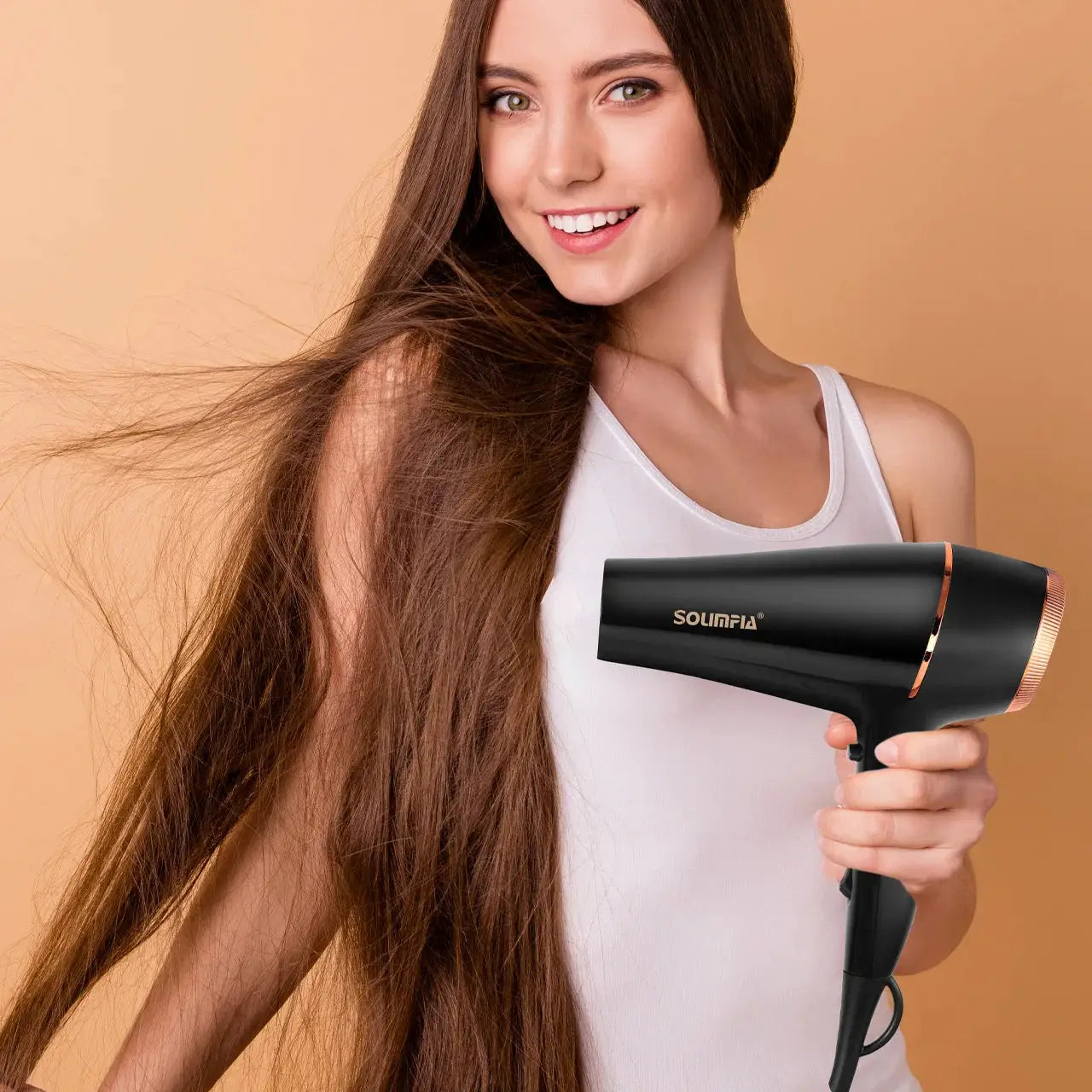 Simples Market 6-Level professional hair dryer in black with rose-gold accents for home use.