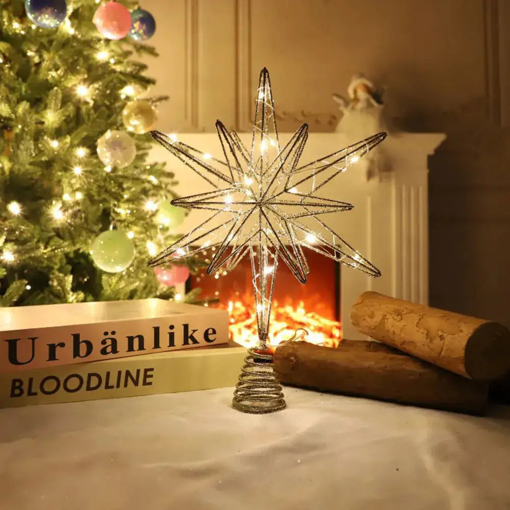 Gold Christmas Tree Topper Star With LED String Lights Ornament For Home Decor Party Festive New Year