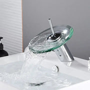 Bathroom faucet Simples Market with colorful glass waterfall spout, chrome deck-mounted single-lever mixer tap.