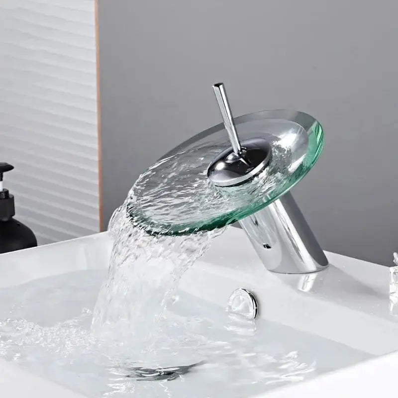 Bathroom faucet Simples Market with colorful glass waterfall spout, chrome deck-mounted single-lever mixer tap.