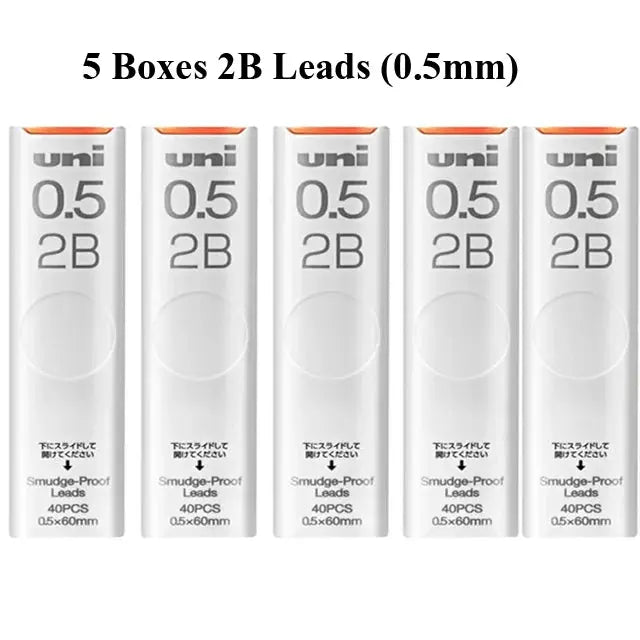 UNI 0.5mm 2B lead boxes, five packs for mechanical pencils