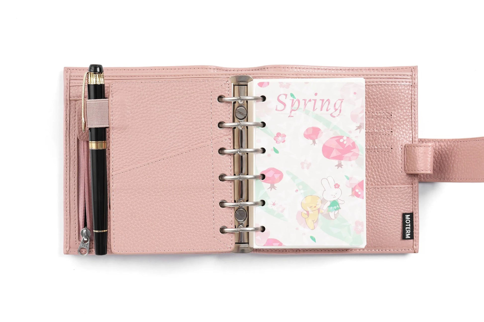 Moterm Luxe 2.0 Series pocket-size planner in pink pebble-grain leather with 30mm rings, includes spring-themed card insert, by Simples Market.