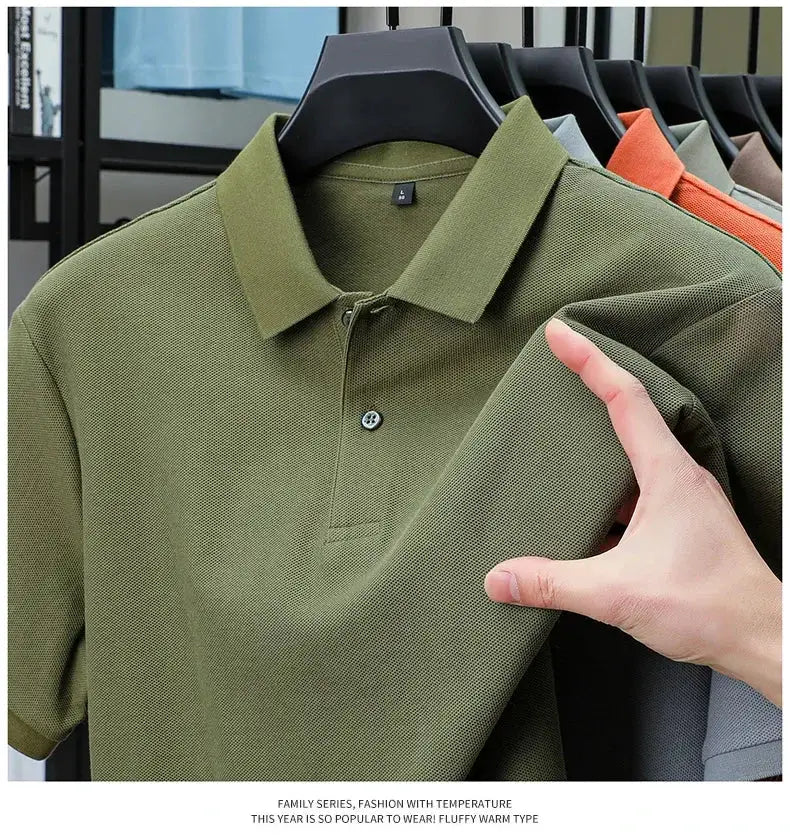 Men's olive green 100% cotton polo shirt with breathable pique fabric by Simples Market, displayed among several colors