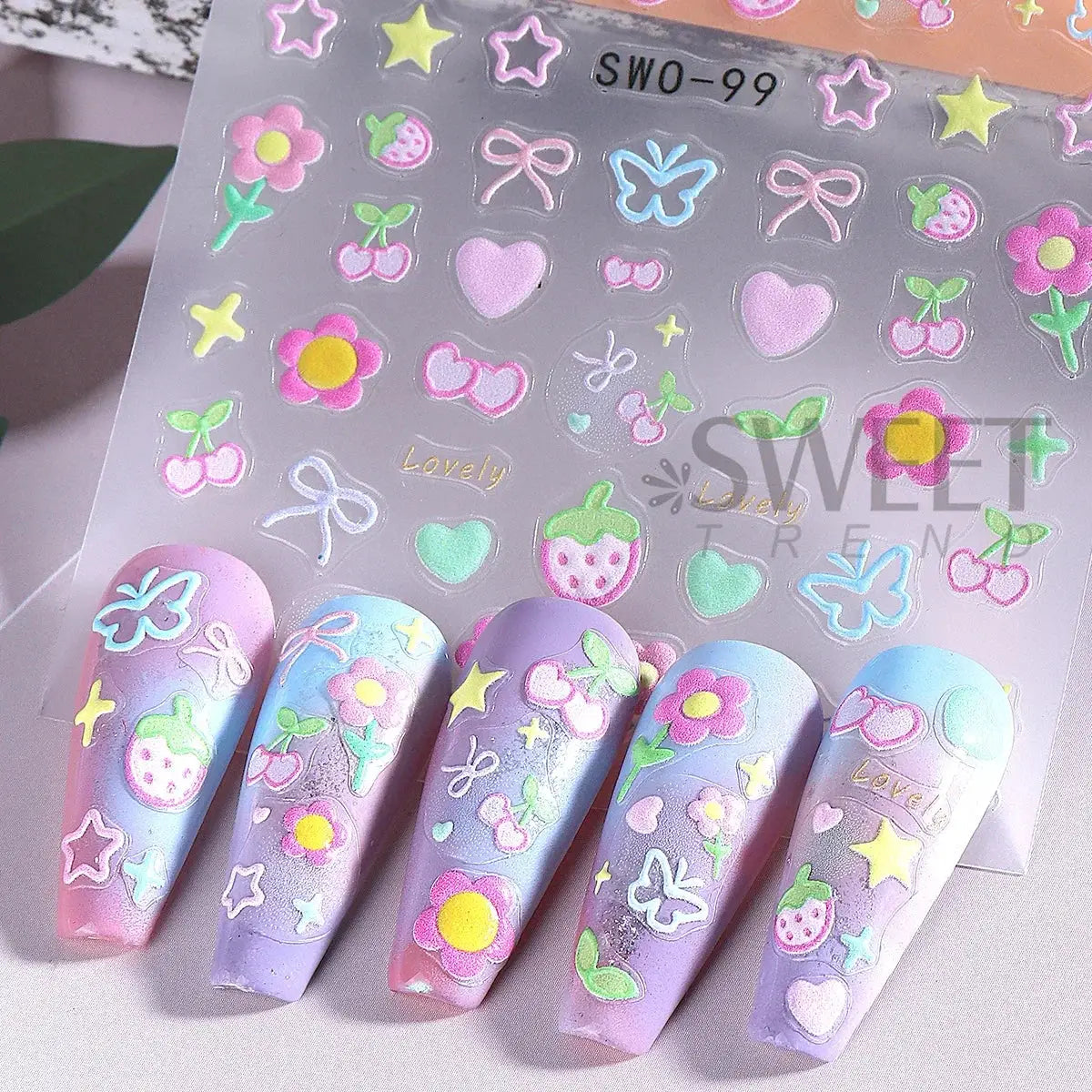 Nail art stickers 2pc set by Simples Market with colorful flower, heart, bow, butterfly, cherry and strawberry decals
