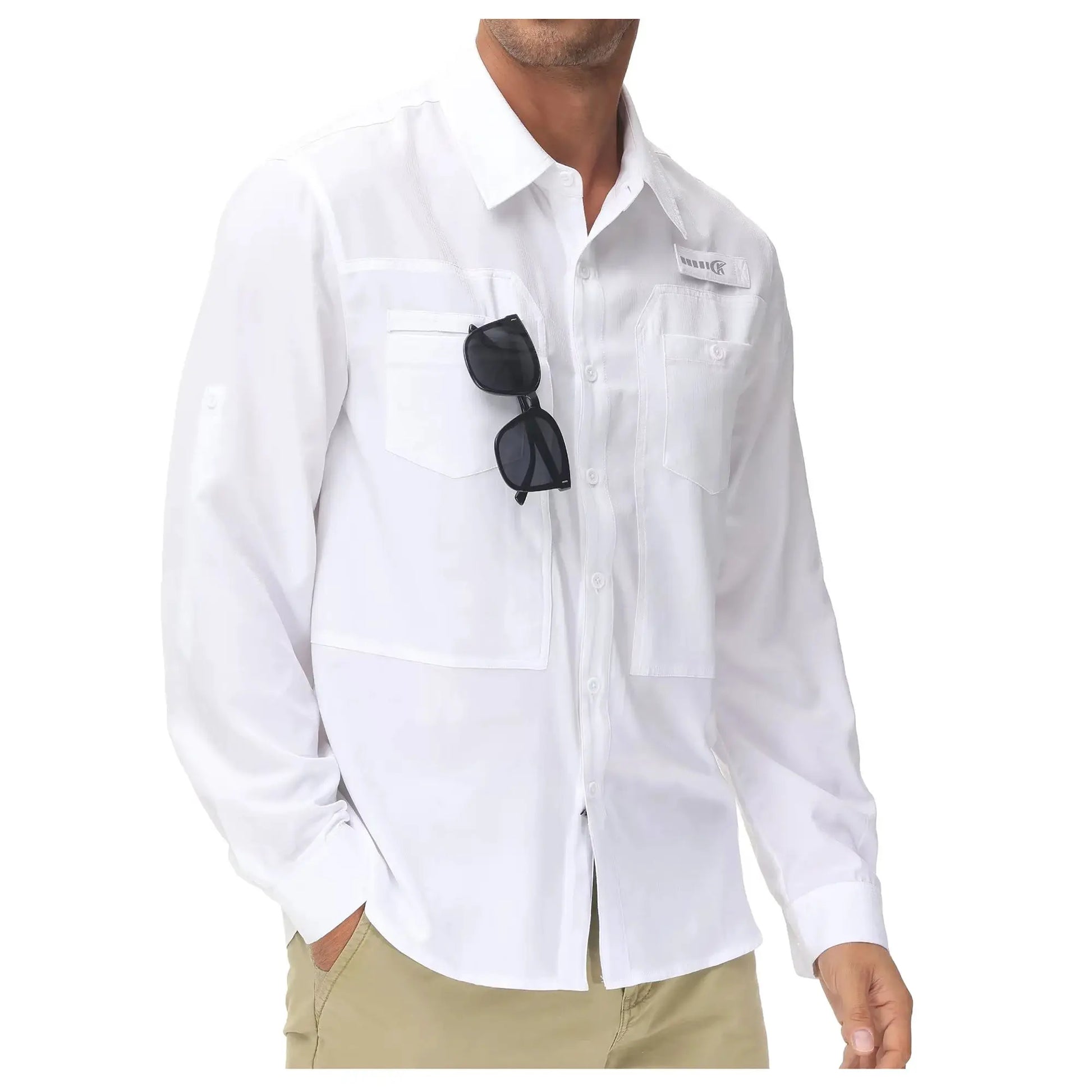 Simples Market men's long-sleeve fishing shirt, white UPF 50+ breathable lightweight button-down with zipper pocket
