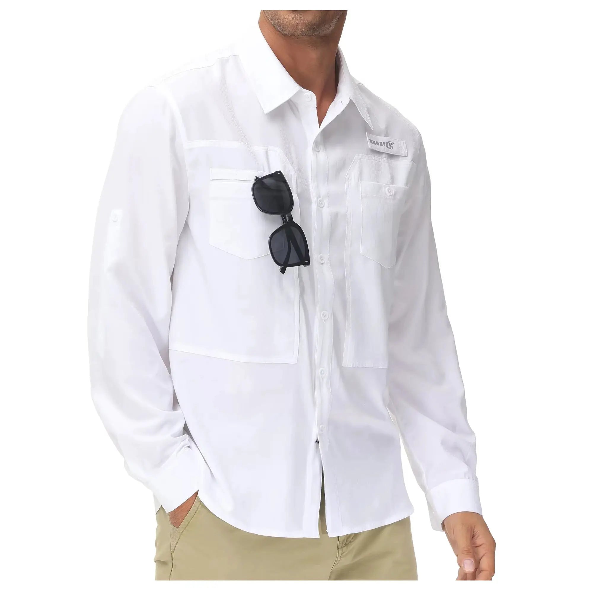 Simples Market men's long-sleeve fishing shirt, white UPF 50+ breathable lightweight button-down with zipper pocket