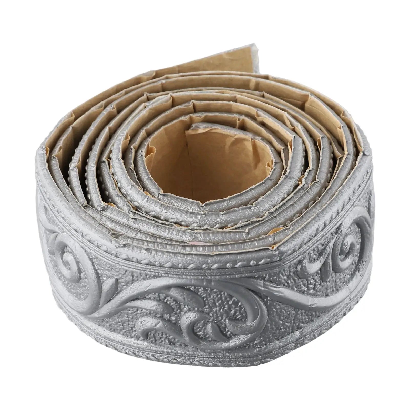 3D wall trim border roll, metallic silver with embossed ornamental pattern, self-adhesive waterproof baseboard.