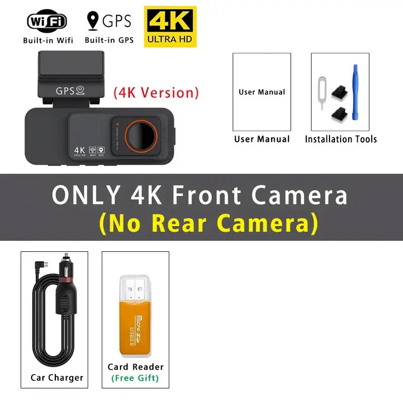 Simples Market Dash Cam 4K front-camera with GPS and Wi-Fi in black; includes car charger and USB card reader