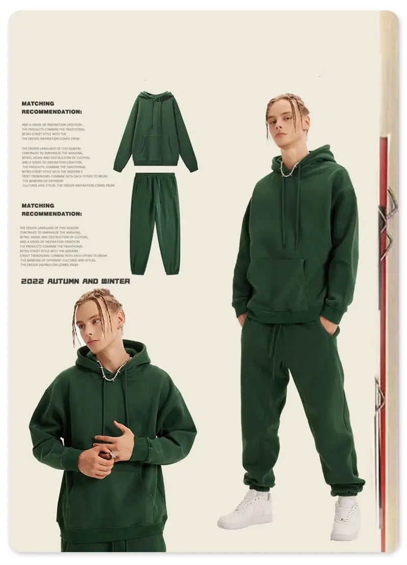 ZODF 345gsm fleece sweatpants set in green; two-piece unisex retro hip-hop joggers and hoodie by Simples Market.