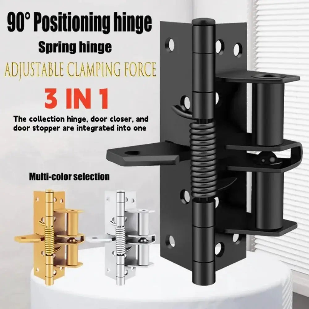 3-in-1 automatic self-closing door hinge with 90° positioning, black finish; available in gold, silver, and black.