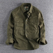 Men's khaki work shirt jacket with two chest pockets and button front