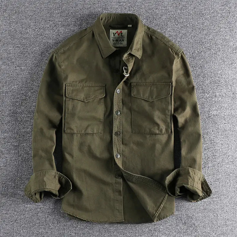 Men's khaki work shirt jacket with two chest pockets and button front