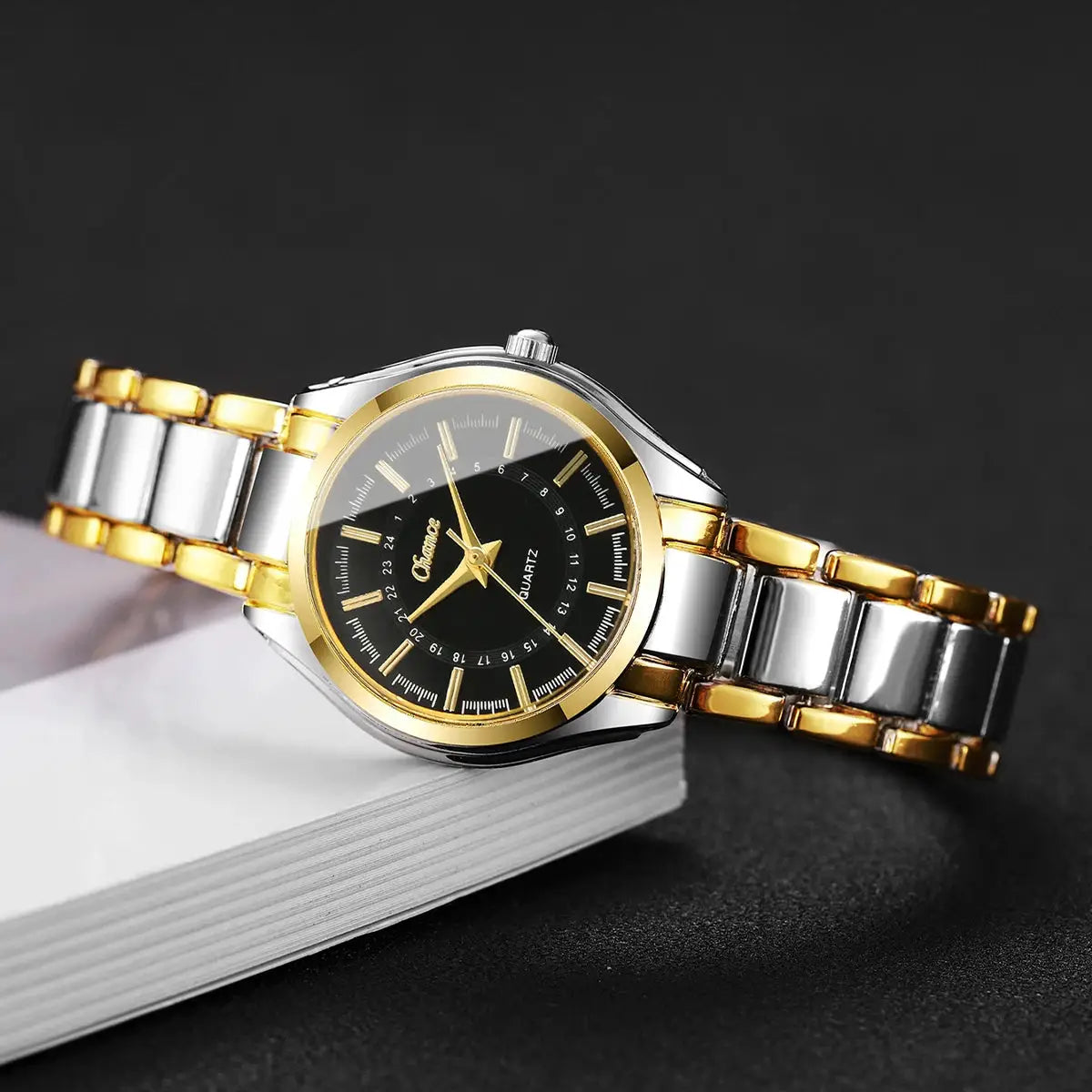 Simples Market 4pc women’s watch set with gold-tone and silver-tone bracelet, black dial, quartz analog