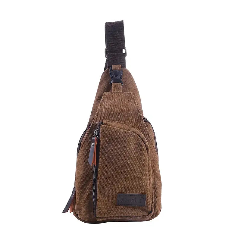 Mens vintage canvas satchel sling bag with multiple zip pockets, brown, adjustable strap, compact outdoor shoulder bag.