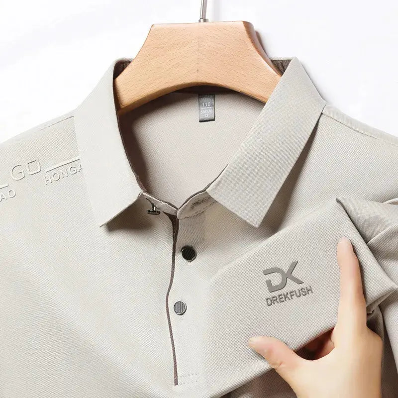 Men's gray polo shirt on a hanger; solid color with DK logo badge, breathable business casual top