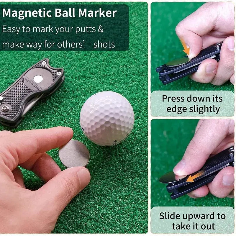 Grearth Golf Divot Repair Tool Foldable Metal With Magnetic Ball Marker For Golf Green Maintenance