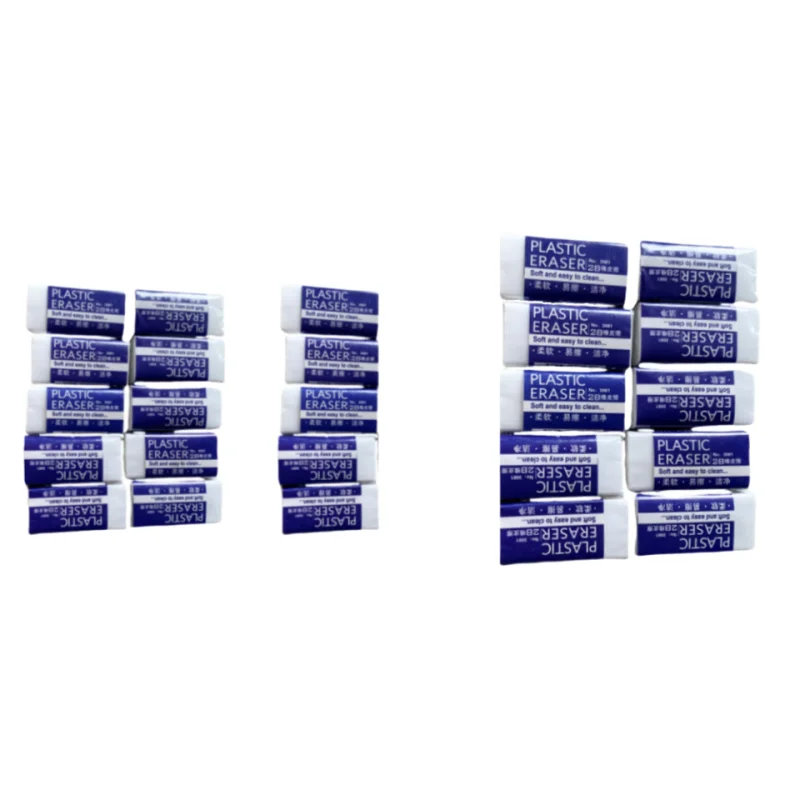 Plastic erasers in blue wrappers, multiple packs neatly stacked.