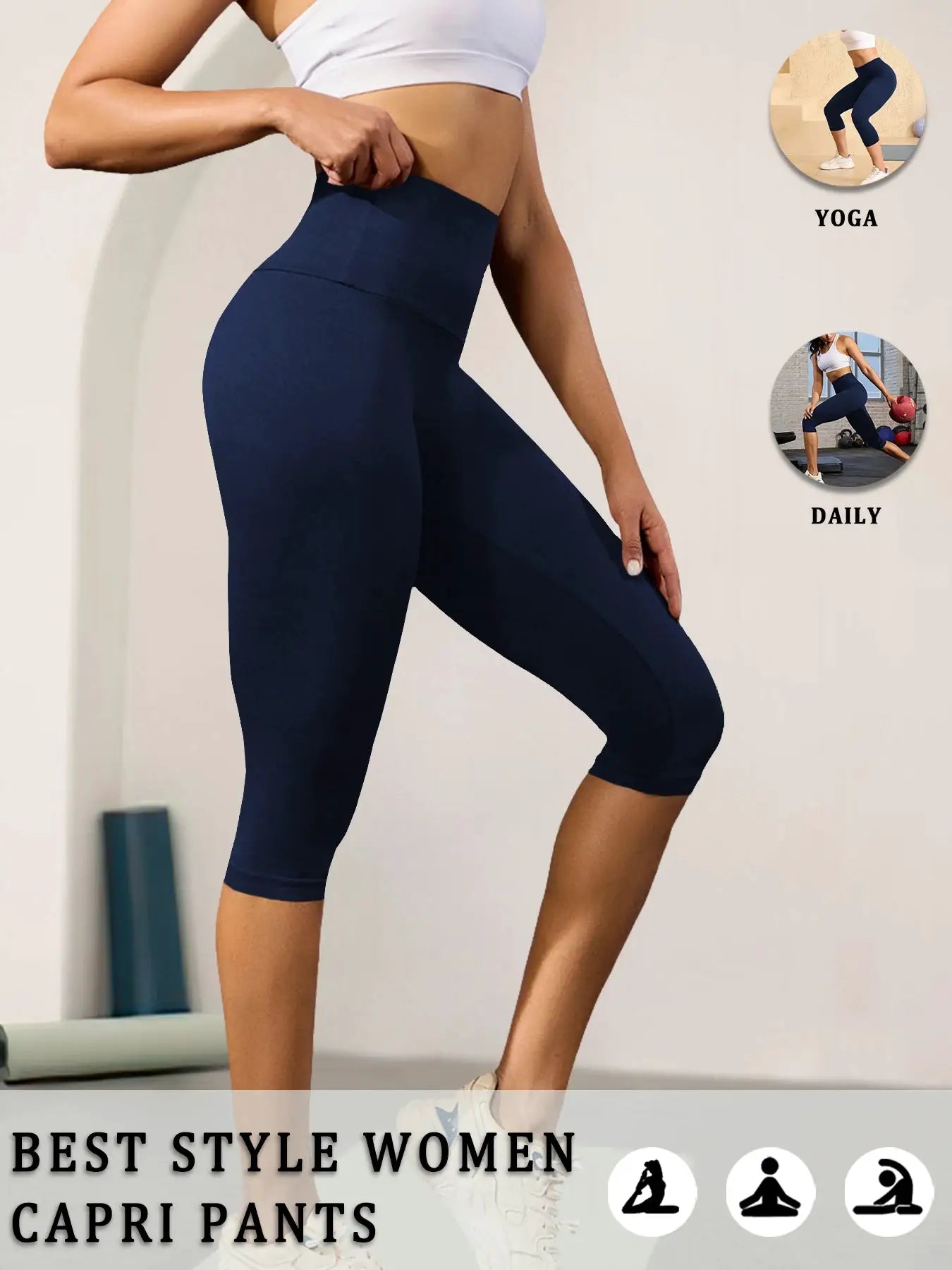 Women’s navy high-waisted Capri leggings; super soft, tummy control, no see-through for yoga and workouts