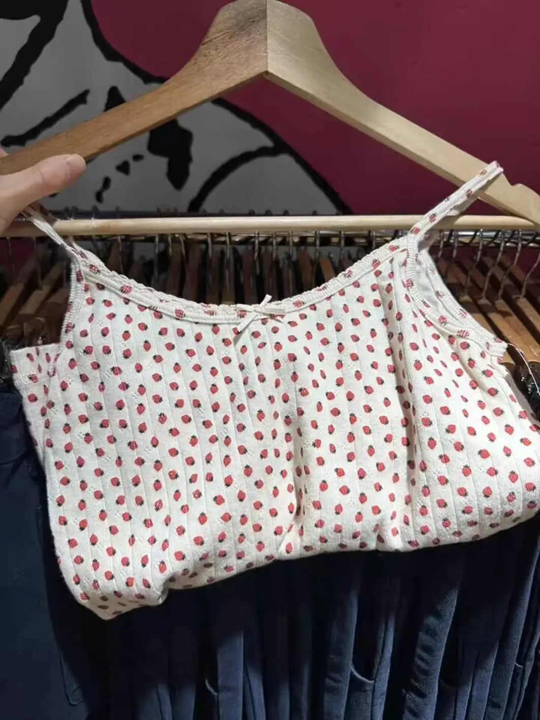 Strawberry Print Vest And Shorts Set For Women Eyelet Bow Tank Top