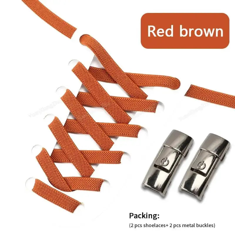 Simples Market red-brown 8mm widened flat elastic no-tie shoelaces with 2 metal buckles