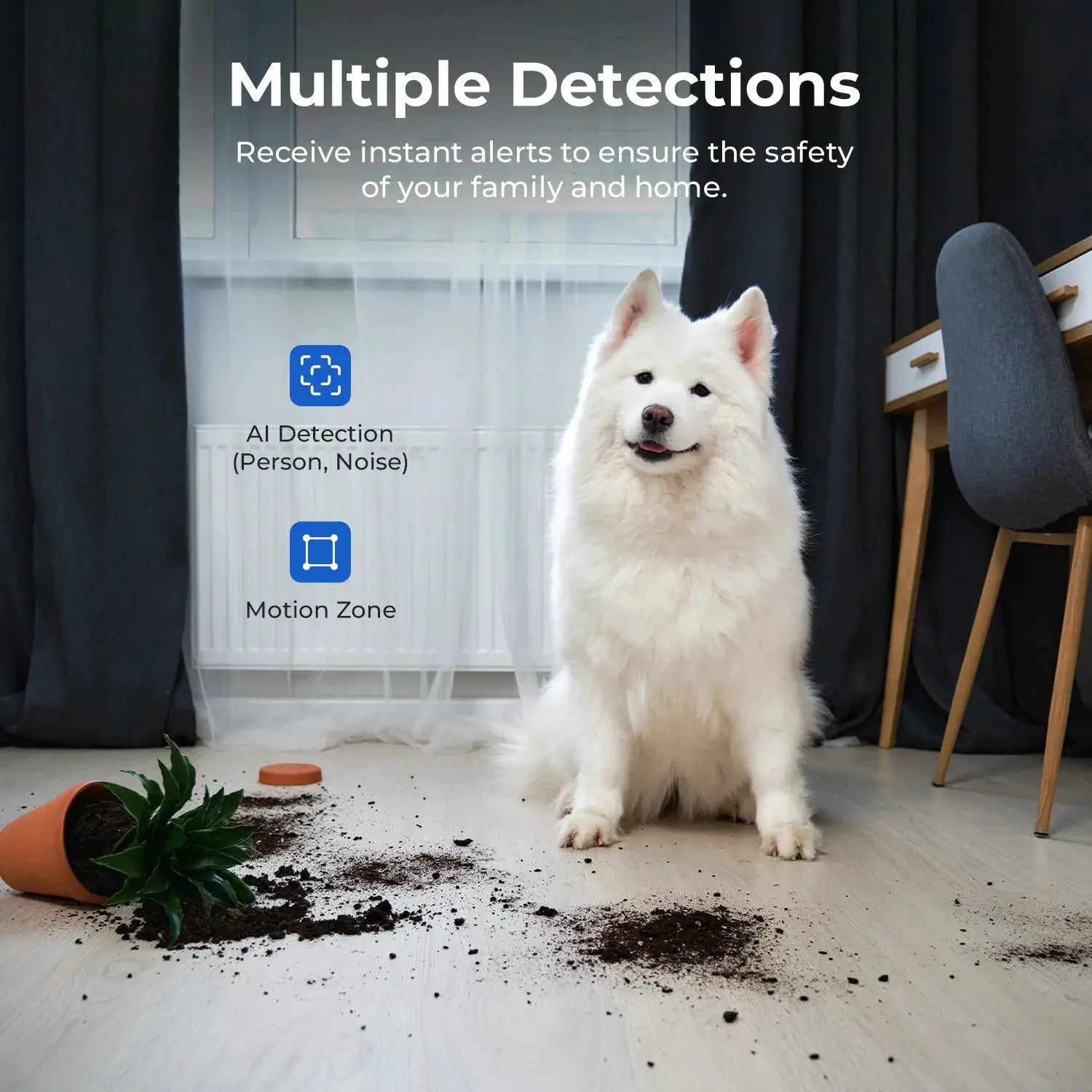 IMILAB C21 camera: white fluffy dog indoors beside a toppled plant pot and office chair