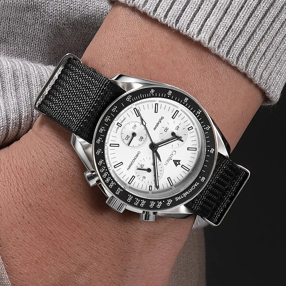 CADISEN men's wristwatch with white dial, chronograph subdials, sapphire AR-coated crystal, tachymeter bezel.