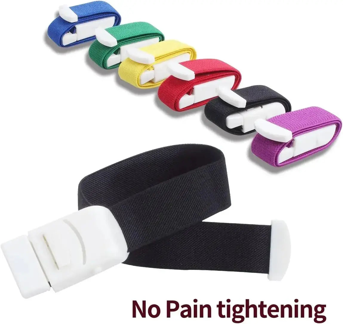 Emergency tourniquet kit with 7 color-coded straps and white revolving-door buckles