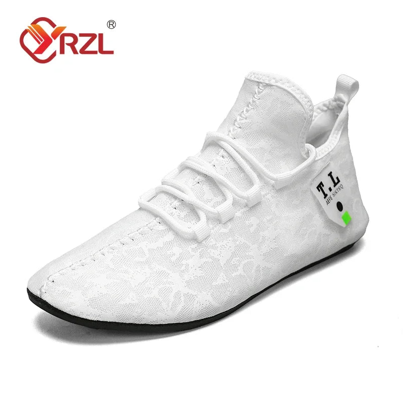 YRZL white mesh loafers for men, breathable slip-on driving moccasin with black outsole