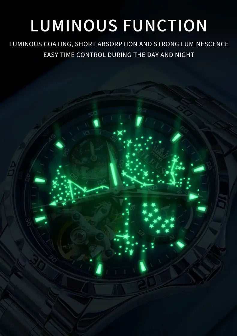 OLEVS flywheel skeleton automatic watch for men with luminous green starry-sky dial and metal bracelet