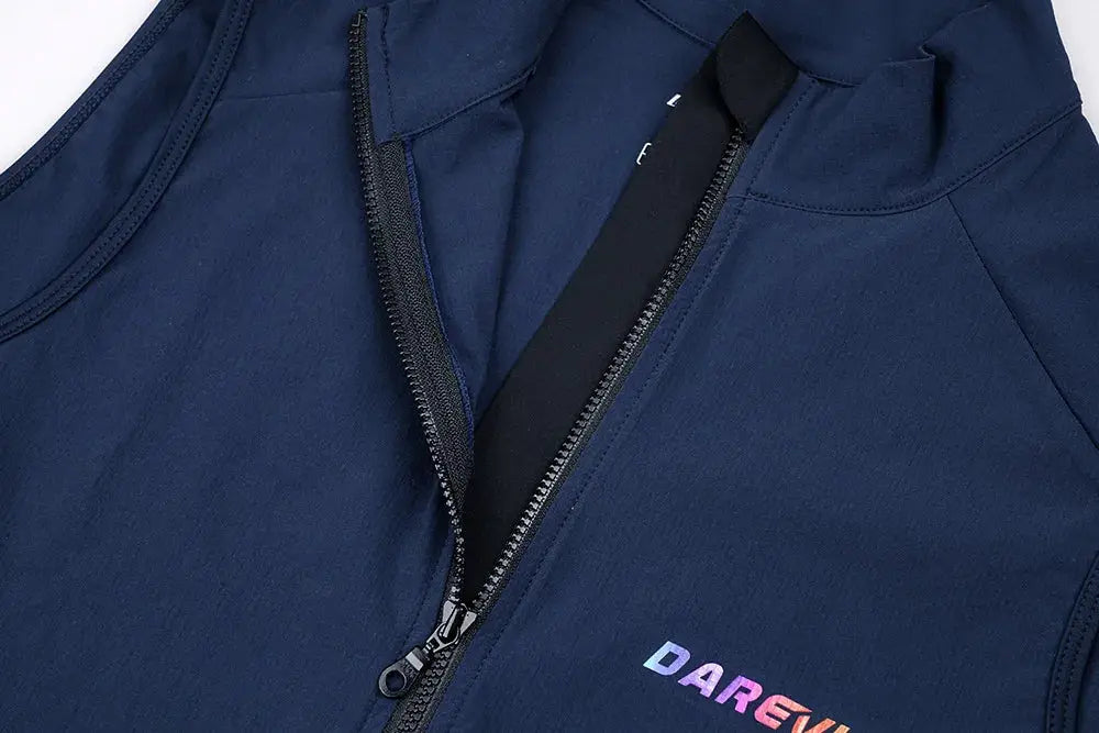 DAREVIE navy cycling vest with 2-way front zippers and multicolor chest logo.