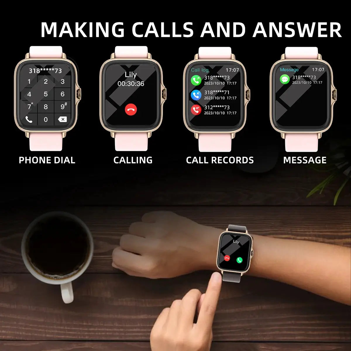 PulseTech 1.83 Inch Waterproof Smart Watch With Calls Messages Sleep Monitoring Pedometer Alerts For IPhone And Android