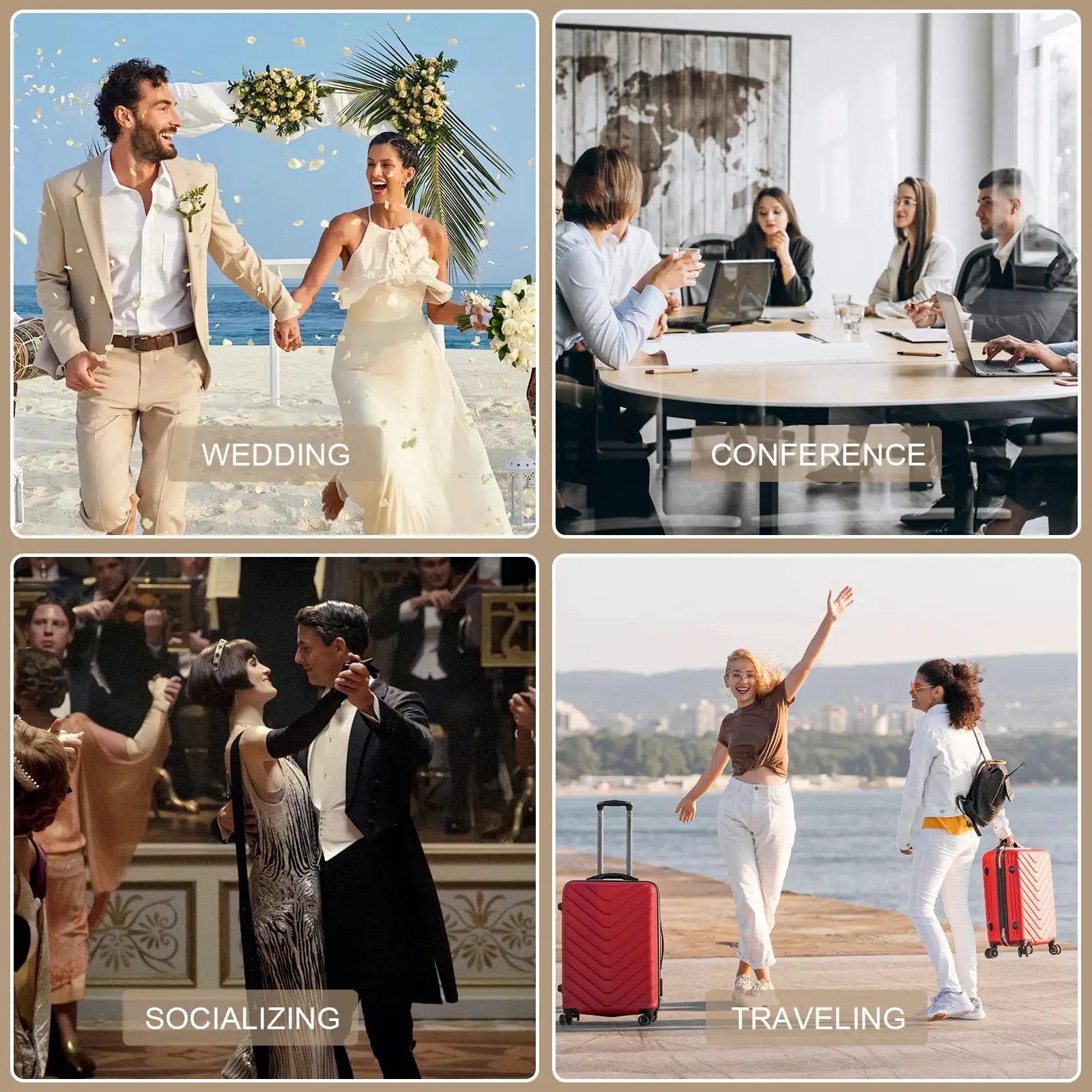 Old Spice sandalwood deodorant for men; four lifestyle scenes collage: wedding, conference, socializing, traveling
