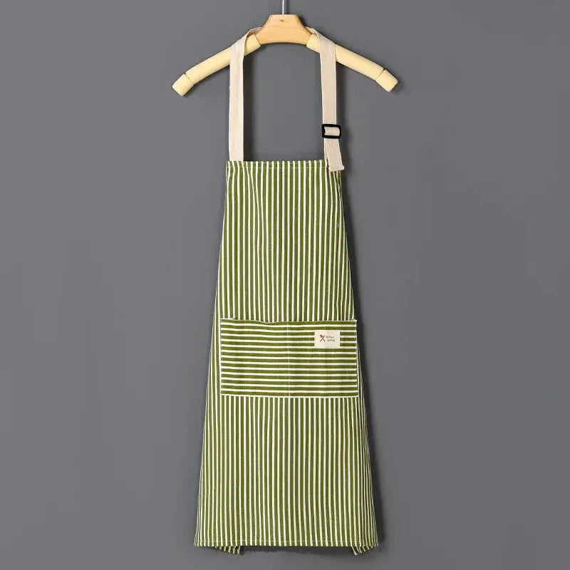 Cotto Linen Striped Apron by Simples Market in green with beige cotton waist straps and front pocket