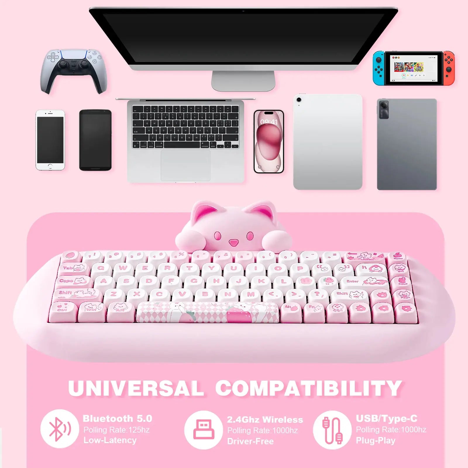 YUNZII C68 pink silicone 65% wireless mechanical keyboard with cute cat keycaps