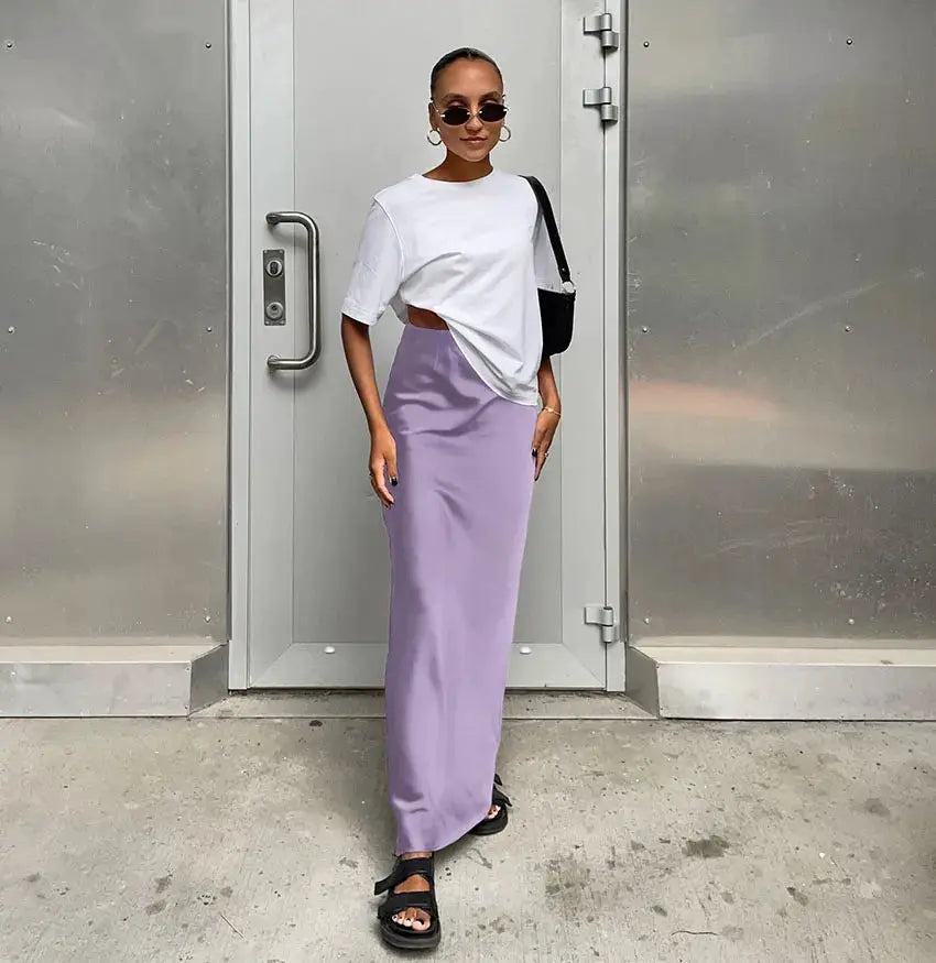 Women's satin lavender trumpet skirt, high-waist, long office-ready