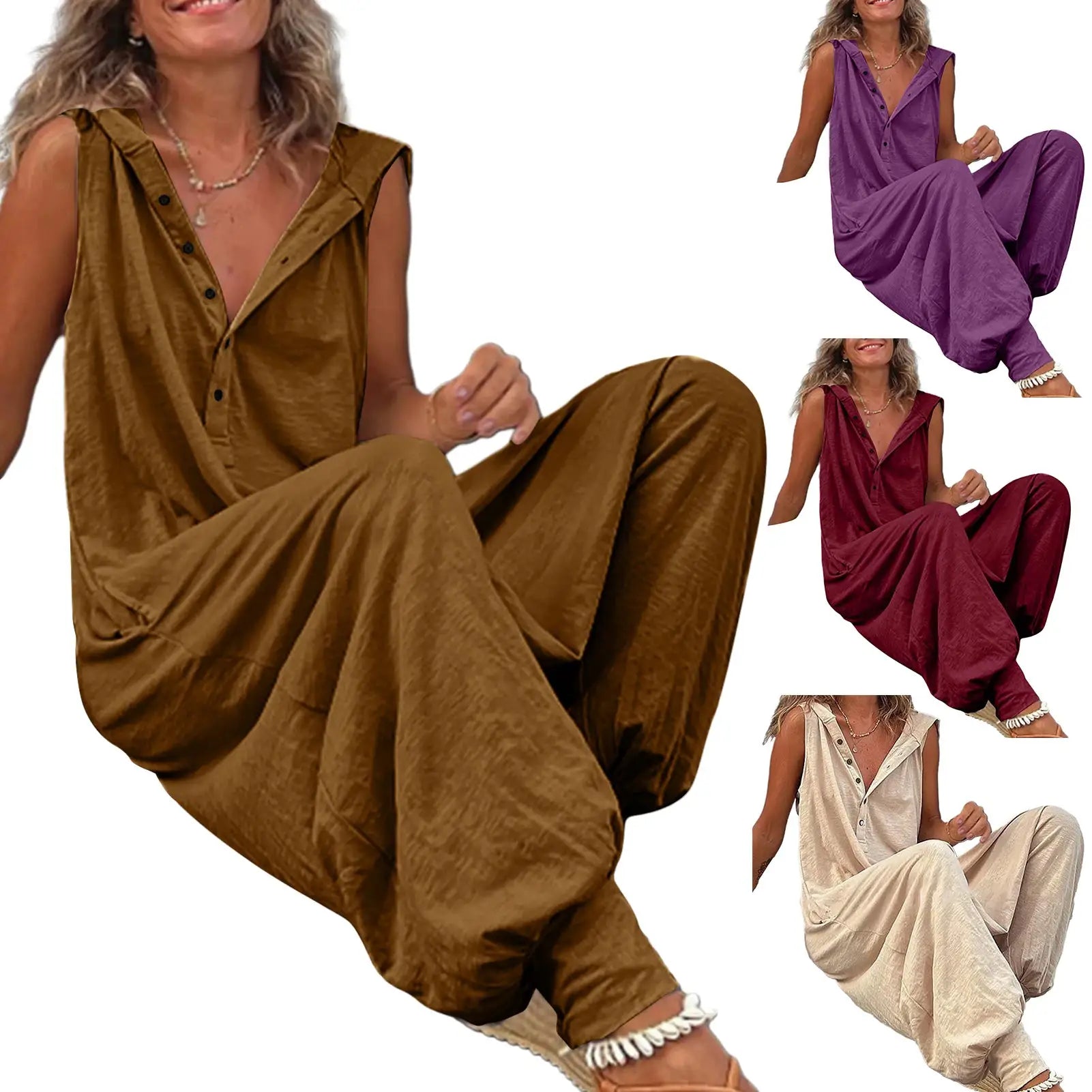 Cotton women's overalls by Simples Market in brown, purple, burgundy, beige; casual bohemian style.
