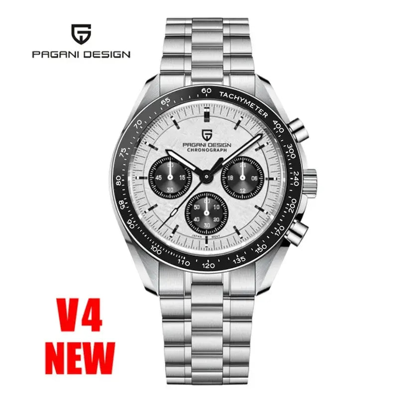 Pagani Design men's chronograph watch with stainless steel bracelet, silver dial, black subdials, tachymeter bezel