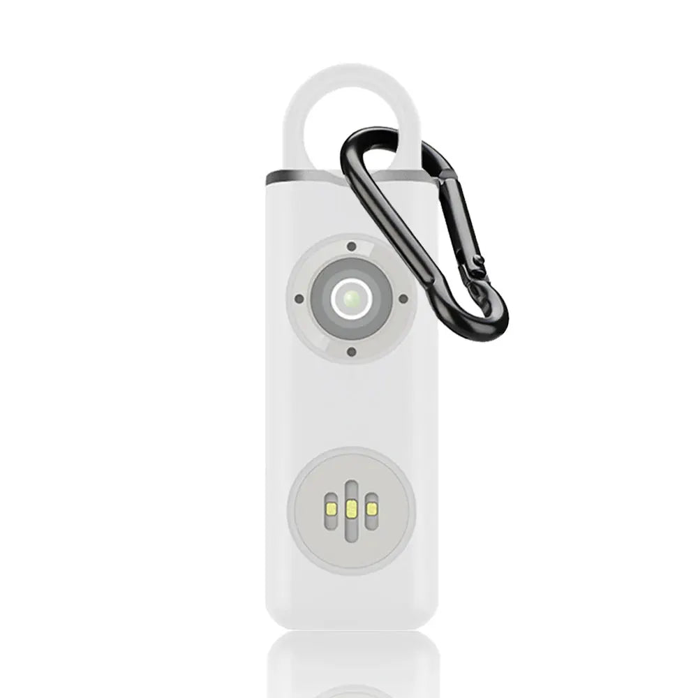 Hollarm self-defense personal alarm keychain, white with black carabiner, 130dB siren and LED light