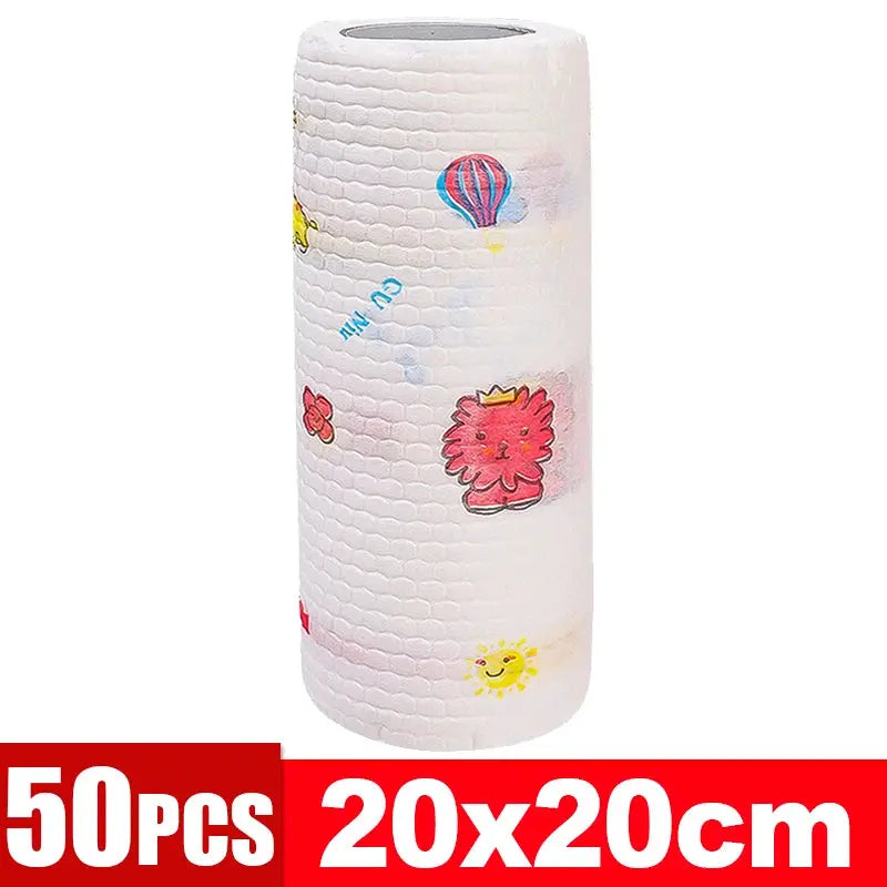 Simples Market kitchen disposable non-woven cleaning cloths roll, 50 pcs, 20x20 cm, white with cartoon prints